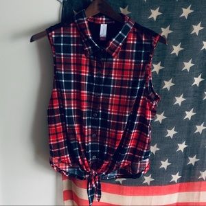 Sleeveless Plaid Button-Down.